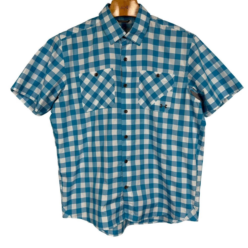 Under Armour HeatGear Gingham Button Down Shirt Large Teal Blue White Loose Fit